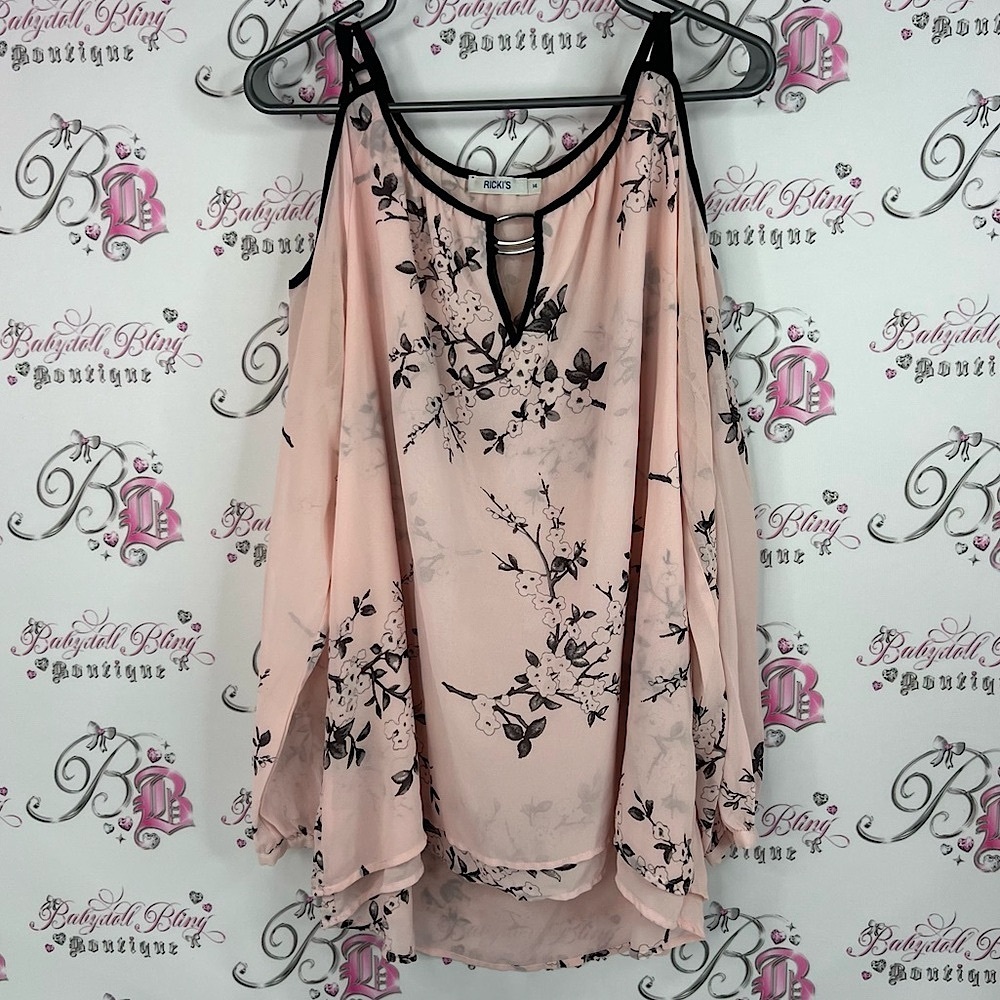 Rickis blouse open cold shoulders metal detail blossoms Floral Pink Women's Top